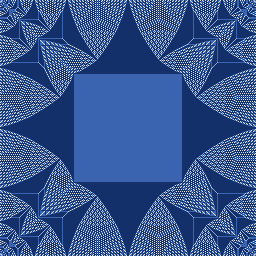 A square pattern with a flat central square surrounded by curved fractal arches, the identity element of the sandpile group on a 256 by 256 grid.