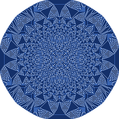 A round pile with fourfold symmetry, made of interlocking patches of fine periodic texture, after 100,000 grains were dropped on one cell.